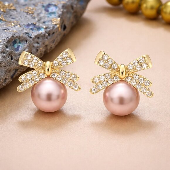 Coquette Pink Pearl Bow Earrings Gold Crystal Ribbon Studs Dainty Balletcore - Picture 5 of 14